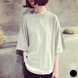 여자 무지 오버핏 티셔츠 반팔 라운드 레이어드 면티 레이어드
