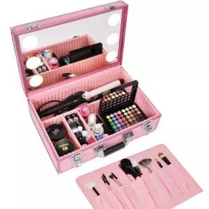 화장품 가방 핑크 케이스 메이크업 박스 조명