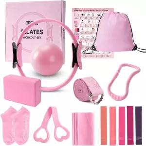 여성용 TSPFUI 필라테스 링 키트 매직 서클 후프 5가지 저항 밴드 요가 볼 블록 운동 가이드 포함