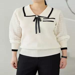 [WPBG]배색 카라 쉬폰 브로치 세트 니트 블라우스_2color