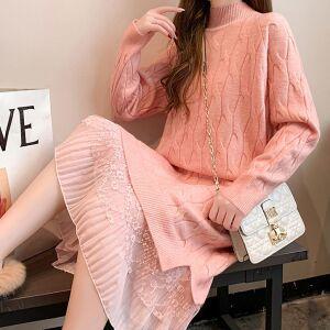 스타일아유 여성 꽈배기 캐주얼 겨울 라운드 롱 니트 레이스 미디원피스OP0401