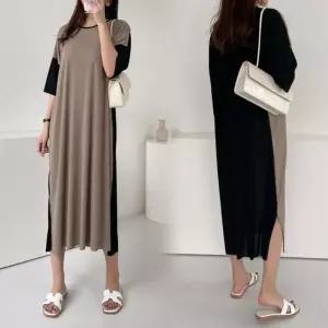 [오노마] ONM GL 빅사이즈의류 L054H 배색주름옆트임원피스 루즈핏 (S11574353)