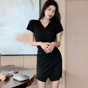 [오노마] ONM 여자 브이넥 블랙 반팔 시크 원피스 데이트룩 하객룩 (S10258713)