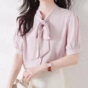 [오노마] ONM 반팔 새틴 블라우스 넥 스트링 리본 베이직 직장인 (S10526036)