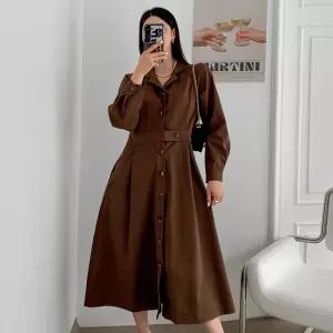 여성 카라넥 앞단추 오픈 플레어 주름 롱 원피스 CAT-WDR-3827-딥그린