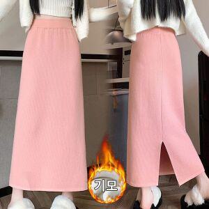 스타일아유 여성 기모 도톰 니트 치마 포근한 겨울 키작녀 일자 트임 H라인 랩 롱스커트 SK0630