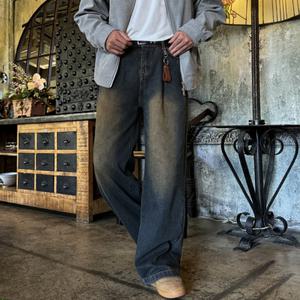 데오 남자 투핀턱 롱 와이드 데님 청바지 블랙진 팬츠