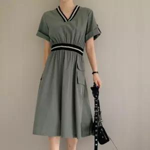 [미라클세븐]여성용 컬러 블록 브이넥 포켓 나일론 반팔 미디 드레스