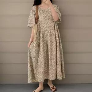 여성 빈티지 플로럴 빅사이즈 프릴 반팔 롱드레스