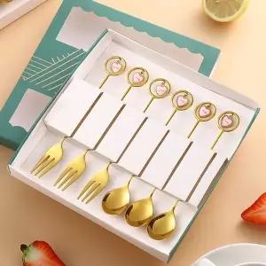 고품질 골드 하트 과일포크 티스푼 티포크 댕글 스텐 세트 6P 티포크 (WFHJE9S)