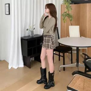 여성 가을 체크 패턴 벨트 포함 스커트 반바지 세트