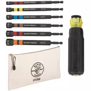 Klein Tools 80182 래칫 충격 등급 할로우 파워 너트 드라이버 세트, 핸들 포함, 자석, 6가지 SAE 육각 사