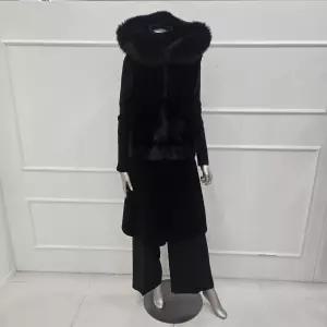 [미니멈]MZDKFV0920BK 밍크배색 리얼양모 리얼폭스후드 롱 베스트