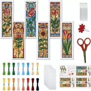 FREEBLOSS 6 세트 크로스 스티치 북마크 키트 스탬프 컬러 유리 꽃 패턴 자수 설명서 8 *2.4