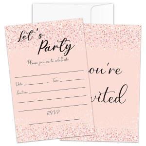 J bo 핑크 앤 로즈 골드 글리터 파티 생일 초대장 렛츠 카드 봉투 4x6 20팩 bir08