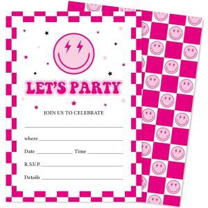 JarThenaAMCS 25 세트 핫 핑크 스마일 파티 초대장 레트로 그루비 생일 체크 해피 페이스 결혼 축하 프레
