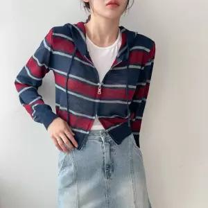 여성 시스루 후드 집업 비스코스 배색 스트라이프 간절기 의류