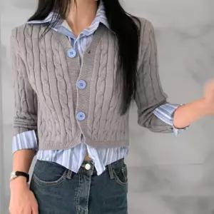 여성 클래식 스트라이프 셔츠 원피스 골지 크롭 버튼 니트