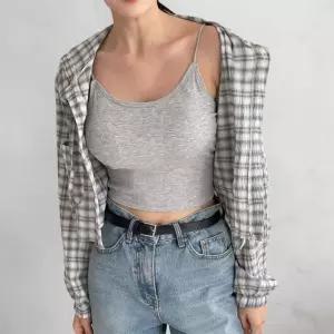 여성 크롭 블라우스 포켓 박스핏 긴팔 후드 체크 셔츠