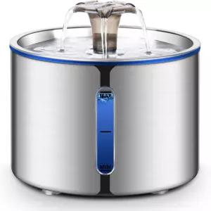 BOORCA 고양이 분수대 84온스/2.5리터 스테인리스강 애완동물 수위 창문이 있는 자동 개 물 디스펜서