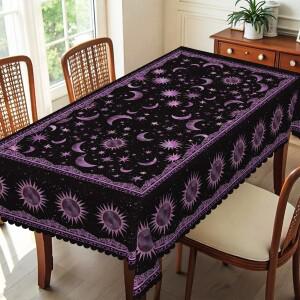 타로 및 점성술 테마의 원형 테이블보 1개 다양한 크기로 제공 검은색 배경에 무지개빛 보라색 별과 달 프