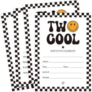 Wh ne 25Pcs 두 멋진 파티 초대장과 봉투 번째 생일 체크무늬 스마일 얼굴 초대장 축하 장식용 종이 카드