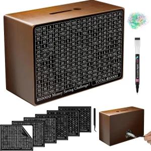 카운터가 있는 나무 현금 절약 상자 $10000 $5000 $3000 목표 머니 챌린지 드라이 이레이즈 펜이 재사용