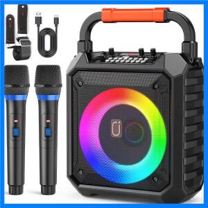 무선 마이크 2개가 장착된 노래방 기계 어린이 및 성인을 위한 LED 조명이 장착된 휴대용 스피커 Bluetooth