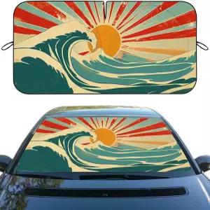 빈티지 웨이브 자동차 앞유리 바다와 태양 레드 블루 히트쉴드 그늘막 세단 트럭 SUV 액세서리