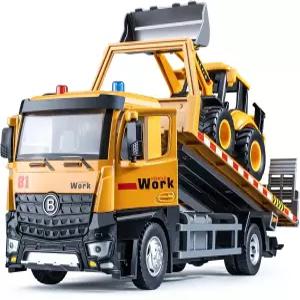HAPYAD 견인 트럭 장난감 금속 캡 백호 로더가 있는 소년용 플랫베드 조명과 사이렌 소리가 마찰 동력 운송
