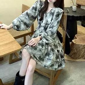 G126742 러플카라 쉬폰원피스 허리밴딩 빅플라워 (KYR-WFH3WMS)