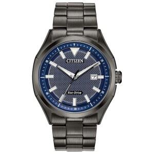 블랙 IP 스테인리스 스틸, 블루 다이얼의 시티즌 남성 에코 드라이브 위켄더 3핸드 데이트 워치 모델: AW1147-52L