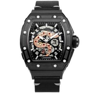 랜줌 남성용 오버사이즈 기계식 스켈레톤 시계, 검은색 가죽 스트랩이 있는 감긴 서펜트 다이얼, 스테인리스 스틸 케이스와 빛나는 손, 럭셔리 선물