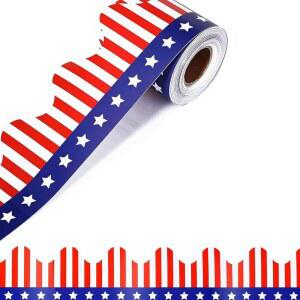 애국 게시판, 7월 4일 재향군인의 날 교실 파티 벽 장식을 위한 미국 국기 국경 스티커 레드 화이트 블루 스트라이프와 스타 롤 트림 32.8피트