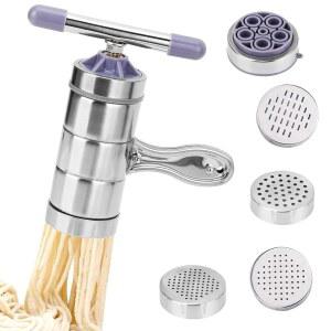 수동 파스타 메이커 기계, 5개의 다이가 있는 스테인리스 스틸 면 메이커, 신선한 홈메이드 파스타를 위한 핸드 크랭크 프레스 및 압출기, 청소하기 쉬운 주방 기계
