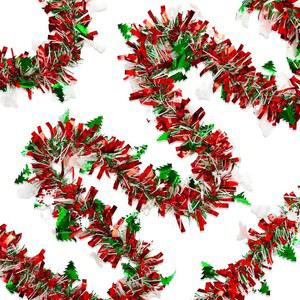 65피트 크리스마스 틴셀 갈랜드, 트리 눈송이 장식이 달린 레드 그린 메탈릭 트위스트 반짝이는 장식 홈 파티 실내 장식용