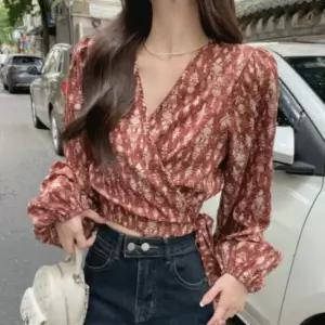 페미닌 플라워랩블라우스 셔링크롭 로맨틱무드 (WFJSPGV)