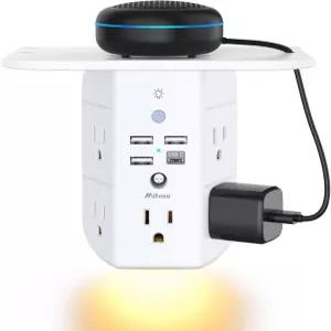 미파소 3면 멀티 플러그 전원 스트립 선반 벽 익스텐더 야간 조명 서지 보호기 AC 와이드 스페이스 콘센트