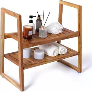VVW 티크 샤워 벤치 - 시트 팔 수납 선반 26인치 우드 샤워기 /우든 욕실 2단 스파 목욕 의자 /방수 실내외