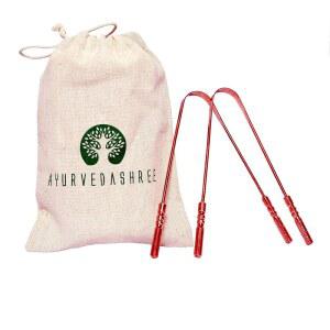 편안한 그립감을 갖춘 아유르베다쉬리 구리 혀 클리너 - 프리미엄 등급 - 순수 구리 - 여행 및 보관 가방 1개 포함 혀 스크래퍼 2개