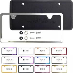 NAROWAN 실리콘 백가드 투 홀 슬림 번호판 프레임 광택 미러 크롬 유니버설 핏 녹 방지 금속 나사 캡 커버