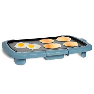 컬러 전기 그릴 1200W, 팬케이크, 버거, 달걀 등을 위한 논스틱 표면, 탈착식 온도 조절, 슬라이드 아웃 드립 트레이, 10인치 x 16인치 조리 공간, 슬레이트 블루로 요리하세요