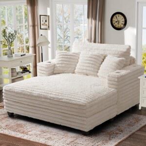 [포르르] husfu 60인치 오버사이즈 체이스 라운지 의자 실내, 수면 구름 의자, 컵 홀더와 베개가 있는 소파 침대, 거실 침실용 푹신한 베이지