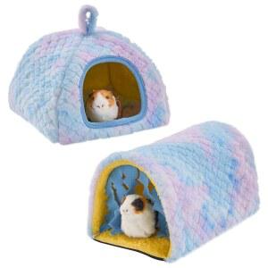 아본트 2팩 기니피그 은신처 침대 및 터널 장난감 세트, 커튼, 세탁 가능한 부드러운 플러시 토끼 하우스 튜브 케이지 액세서리, 친칠라 햄스터 페럿 쥐 - 블루