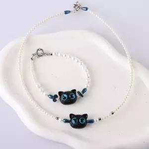 시후주얼리 귀여운 블랙 고양이 진주 목걸이 EA653N (WFKB216)