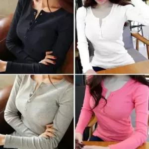 여성 슬림핏 앞단추 티셔츠 기본무지 골지티 데일리룩 W9A1C44