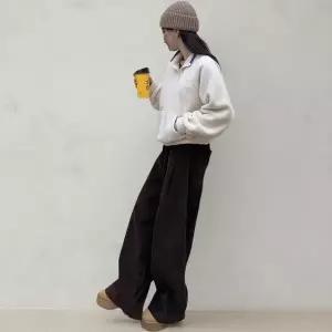 [신세계라이브쇼핑][옷자락] 여성 루즈핏 골덴 핀턱 커브드 와이드 밴딩 바지