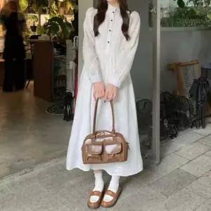 롱 원피스 데이트룩 넥프릴 플라워 어깨셔링 허리스트링 펀칭 여성캐주얼