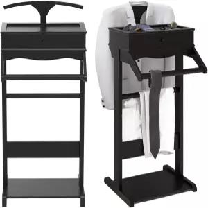 우드 남성 발렛 스탠드 프리스탠딩 수트 및 의류 버틀러 행거 타이 벨트 후크 신발장 열쇠 보관 정리함