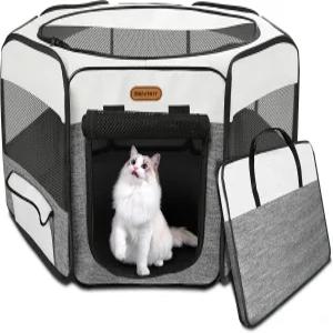 세이이어 개 놀이펜 휴대용 애완동물 강아지 케이스가 있는 고양이 소형견용 실내/외 탈착식 메쉬 그늘막